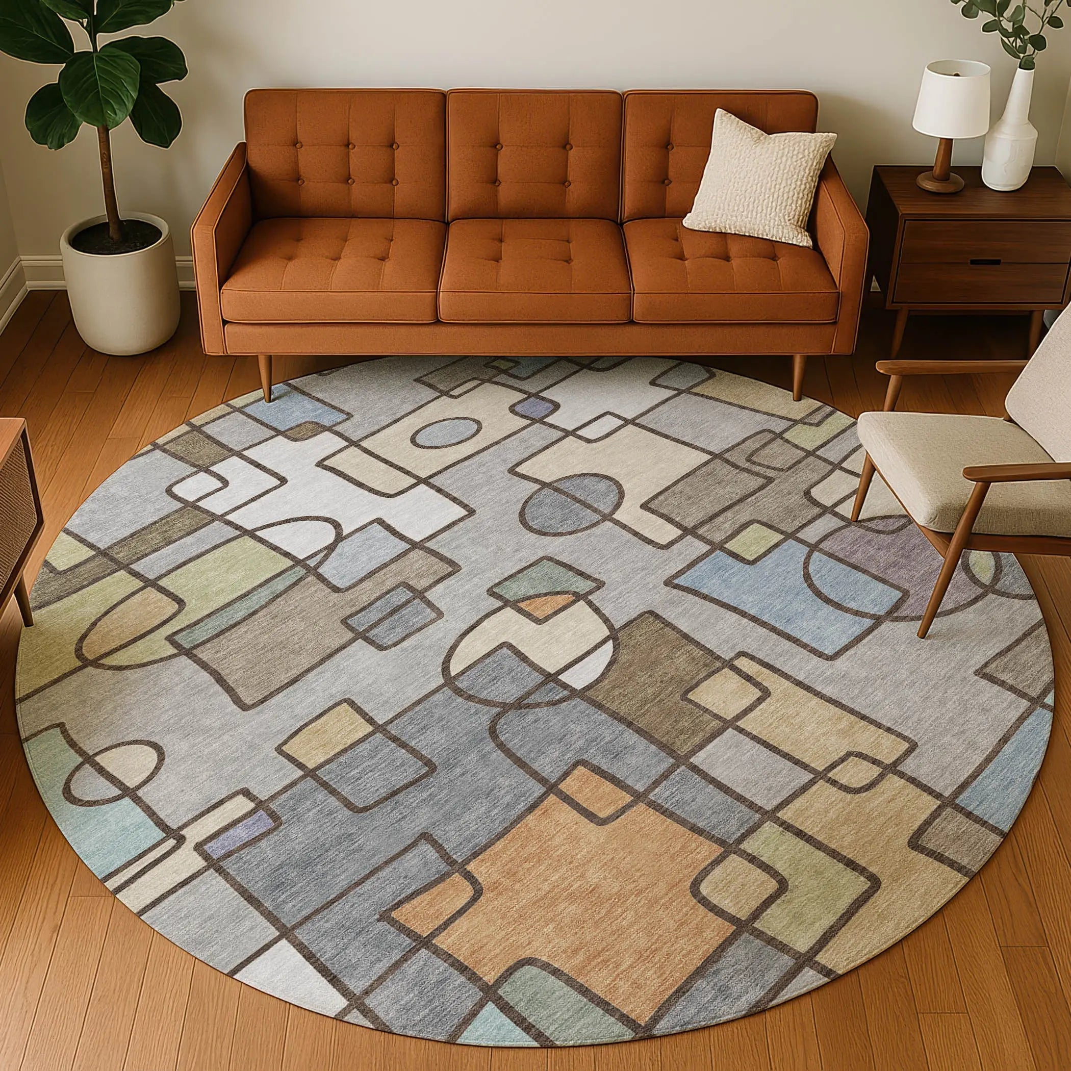 8' Gray And Sky Blue Round Geometric Washable Indoor Outdoor Area Rug Homeroots Outdoor