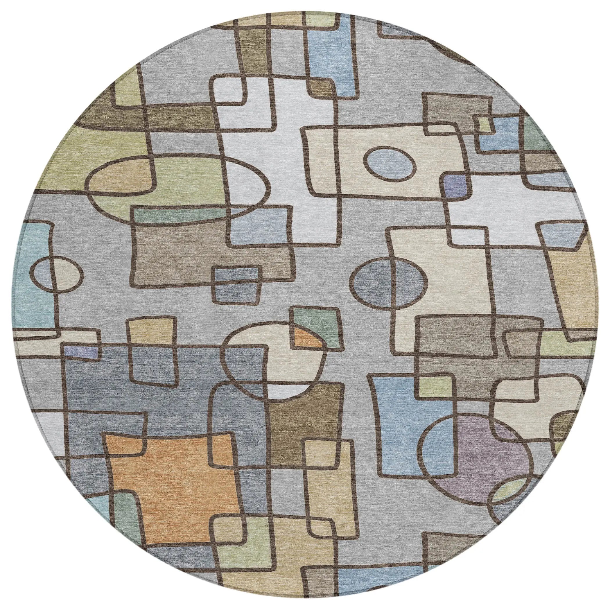 8' Gray And Sky Blue Round Geometric Washable Indoor Outdoor Area Rug Homeroots Outdoor