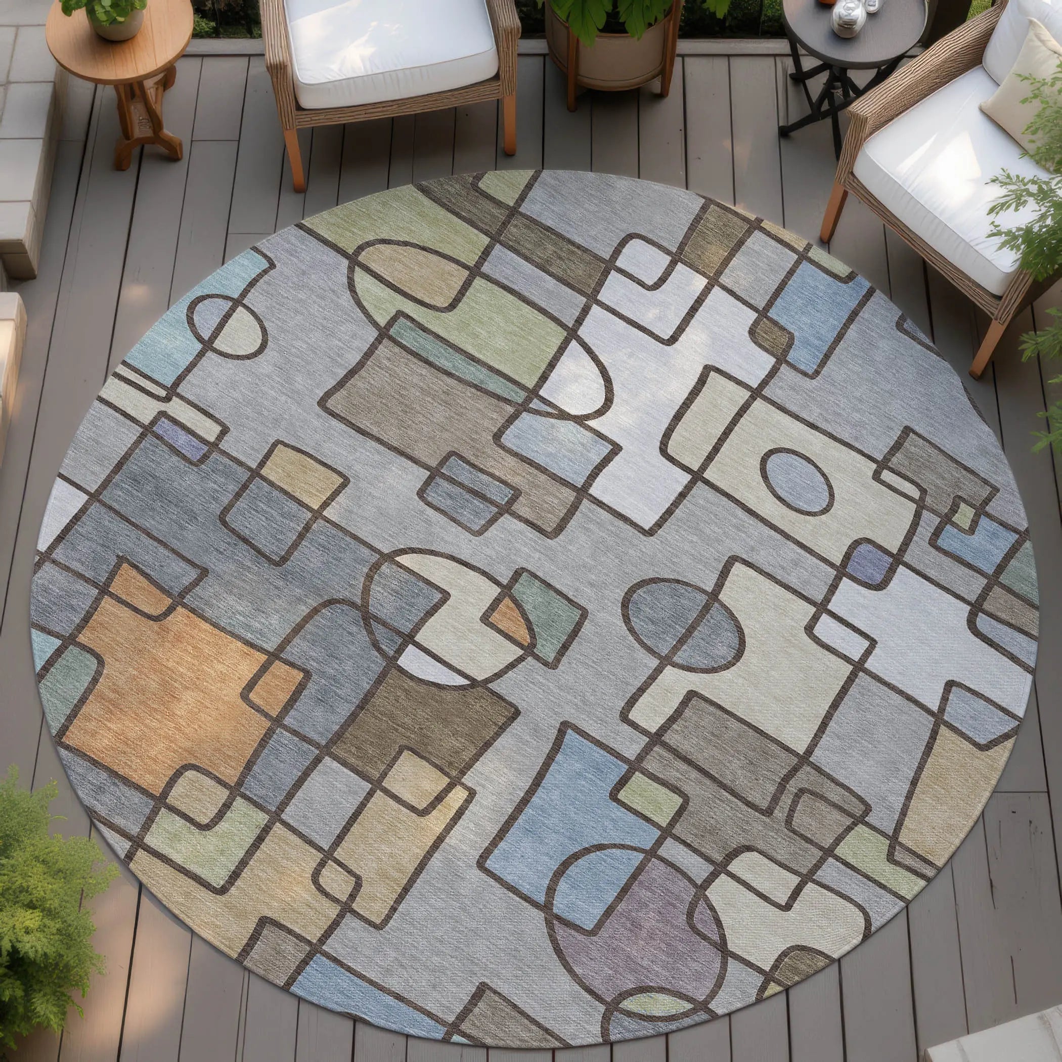 8' Gray And Sky Blue Round Geometric Washable Indoor Outdoor Area Rug Homeroots Outdoor