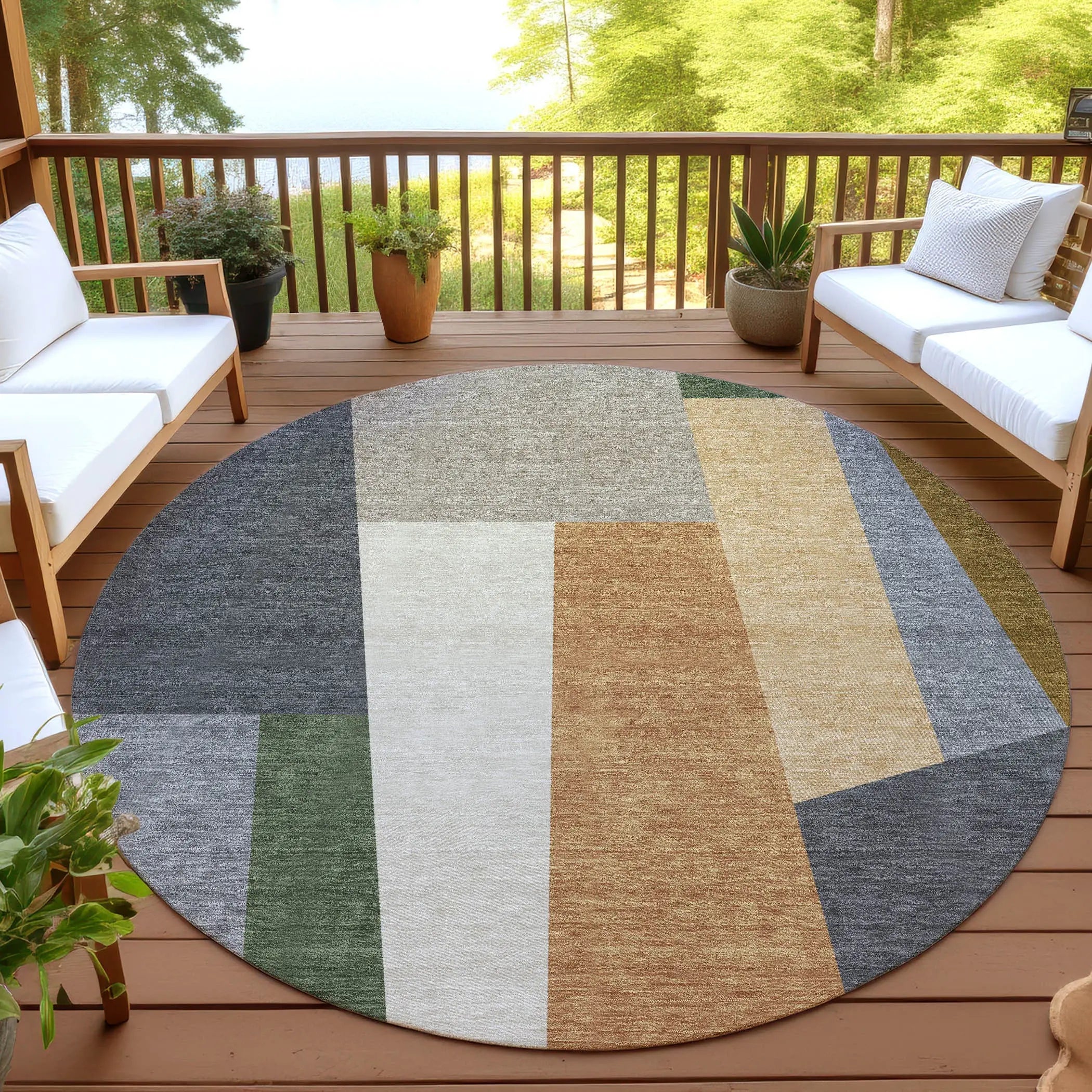 8' Gray And Taupe Round Geometric Washable Indoor Outdoor Area Rug Homeroots Outdoor