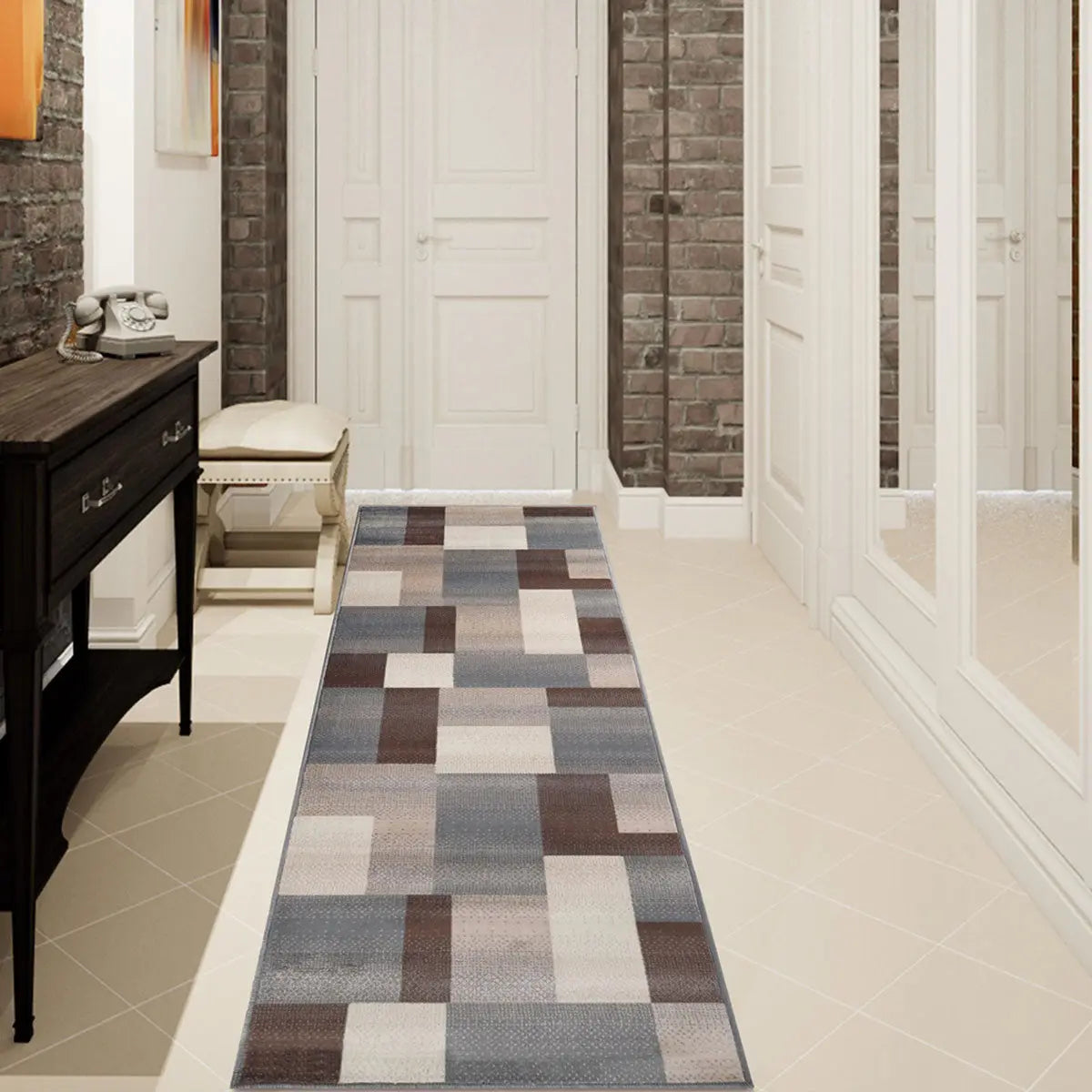 8' Gray Tan And Brown Patchwork Runner Rug Homeroots Home Decor