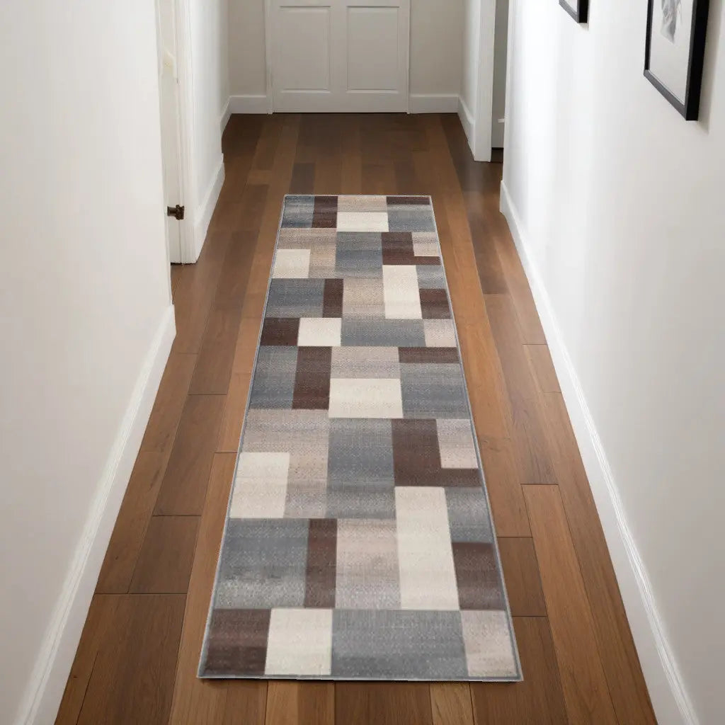 8' Gray Tan And Brown Patchwork Runner Rug Homeroots Home Decor