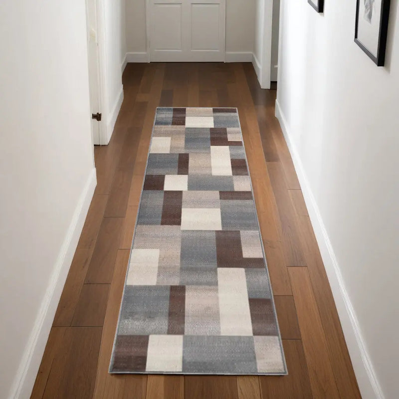 8' Gray Tan And Brown Patchwork Runner Rug Homeroots Home Decor