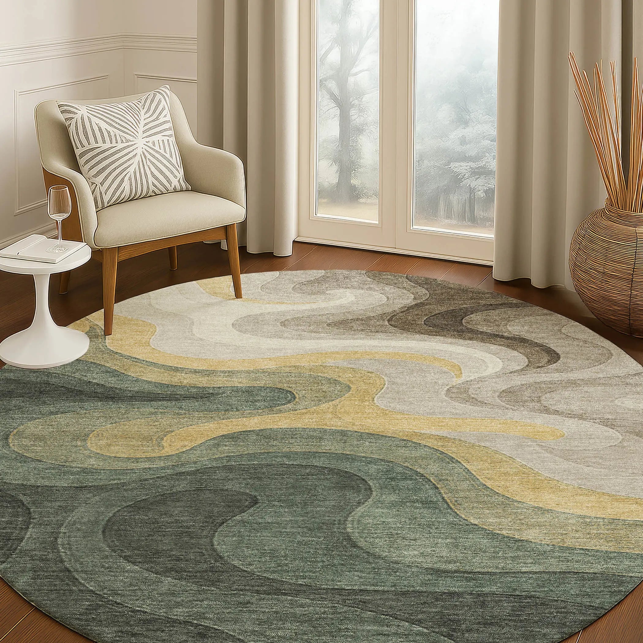 8' Green And Beige Round Abstract Washable Indoor Outdoor Area Rug Homeroots Outdoor