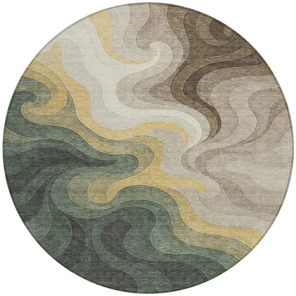 8' Green And Beige Round Abstract Washable Indoor Outdoor Area Rug Homeroots Outdoor