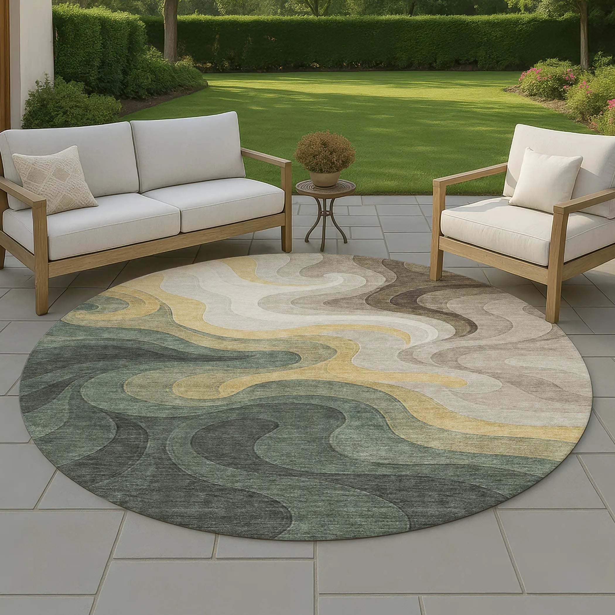 8' Green And Beige Round Abstract Washable Indoor Outdoor Area Rug Homeroots Outdoor
