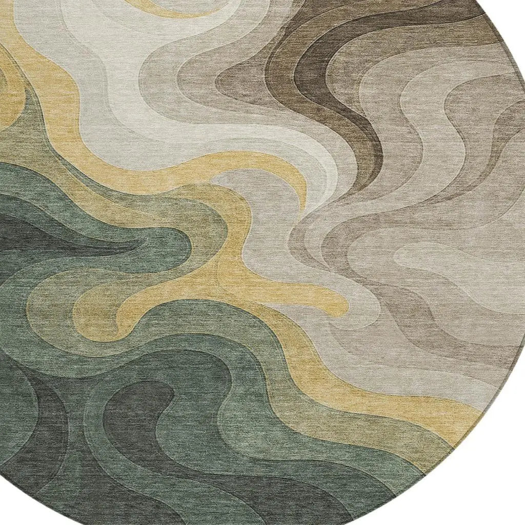 8' Green And Beige Round Abstract Washable Indoor Outdoor Area Rug Homeroots Outdoor
