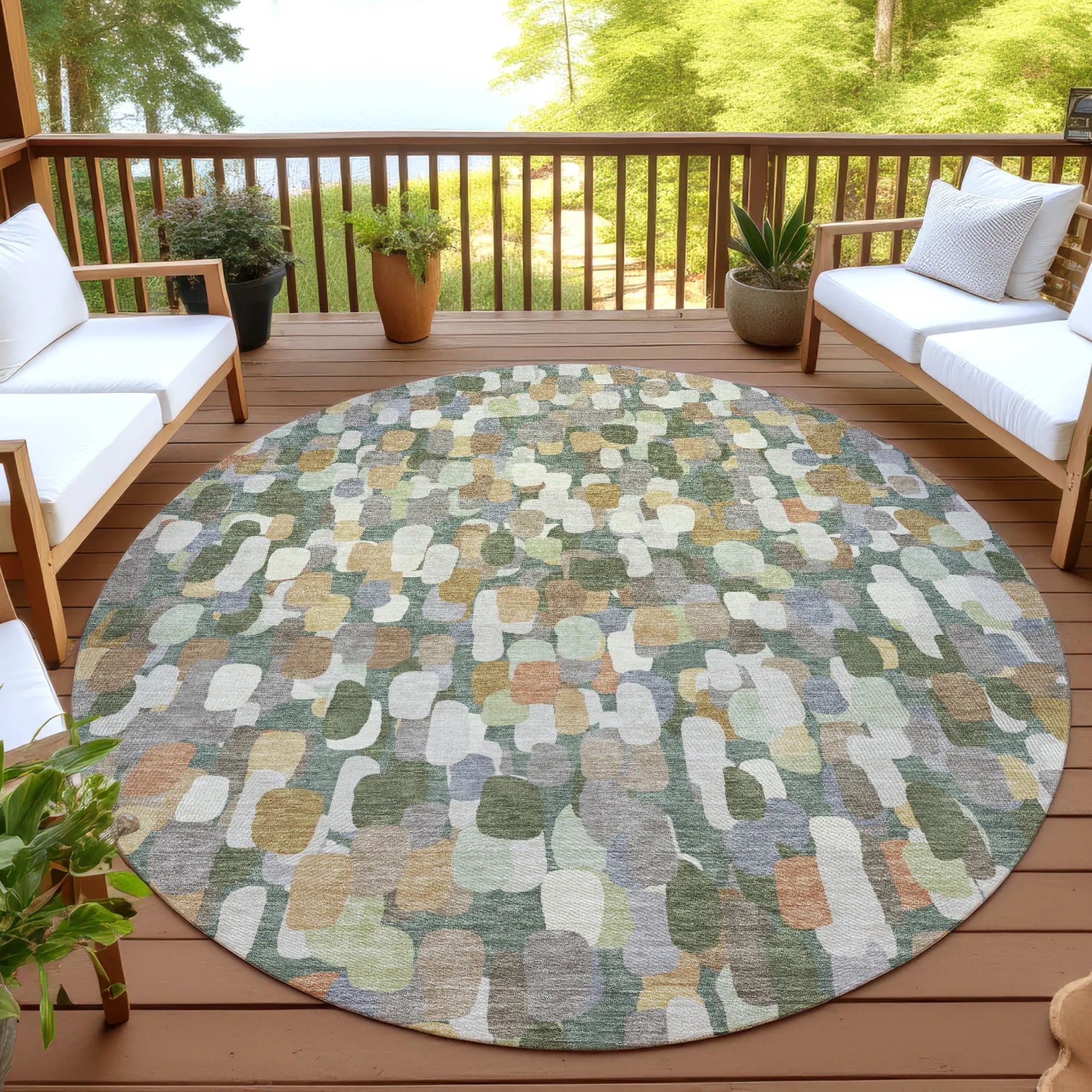 8' Green And Beige Round Abstract Washable Indoor Outdoor Area Rug Homeroots Outdoor