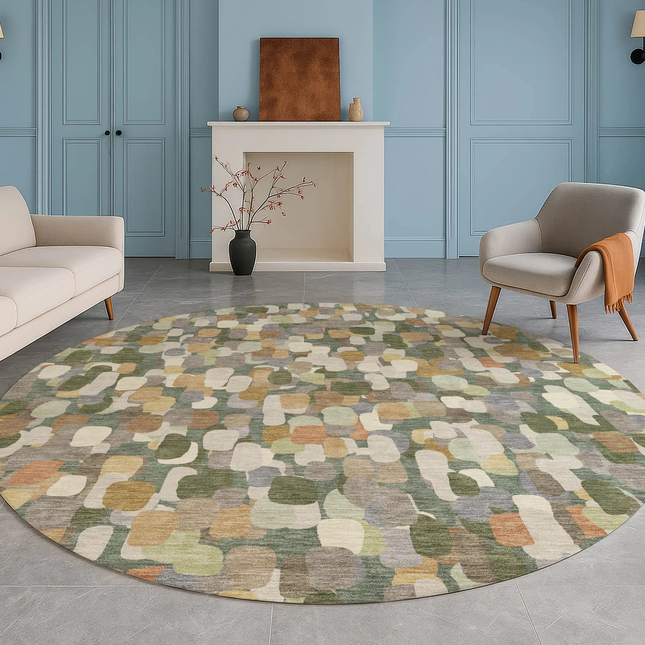 8' Green And Beige Round Abstract Washable Indoor Outdoor Area Rug Homeroots Outdoor