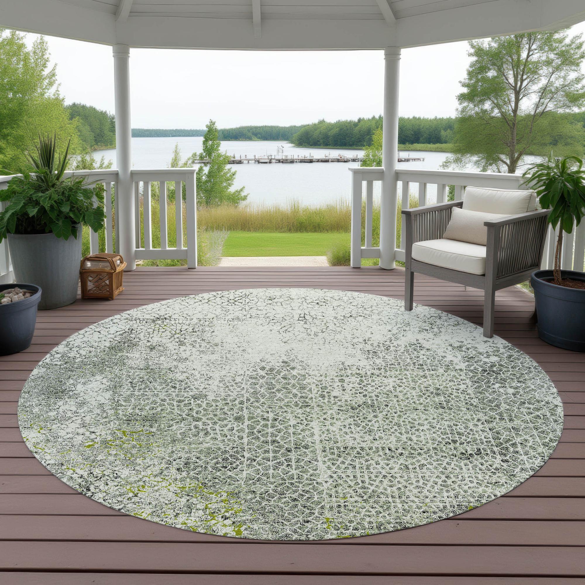 8' Green And Beige Round Abstract Washable Indoor Outdoor Area Rug Homeroots Outdoor
