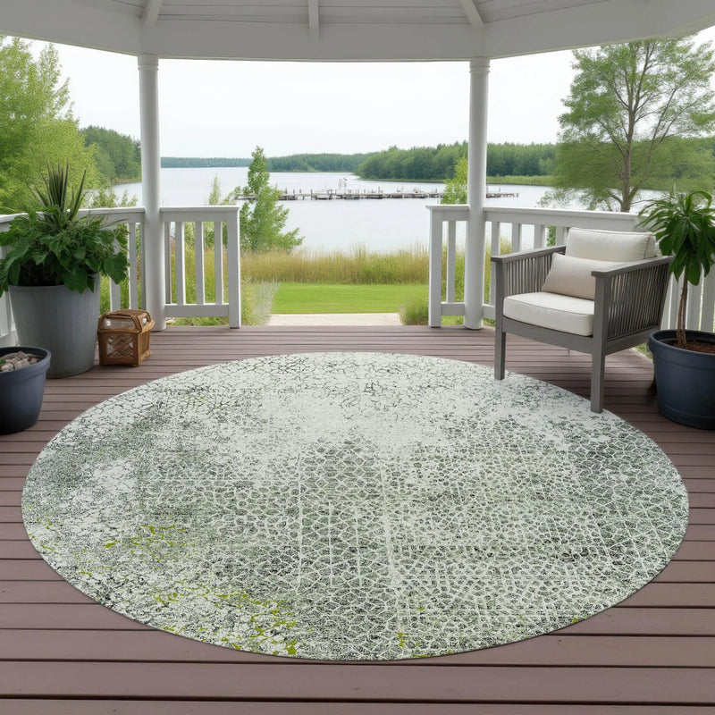 8' Green And Beige Round Abstract Washable Indoor Outdoor Area Rug Homeroots Outdoor