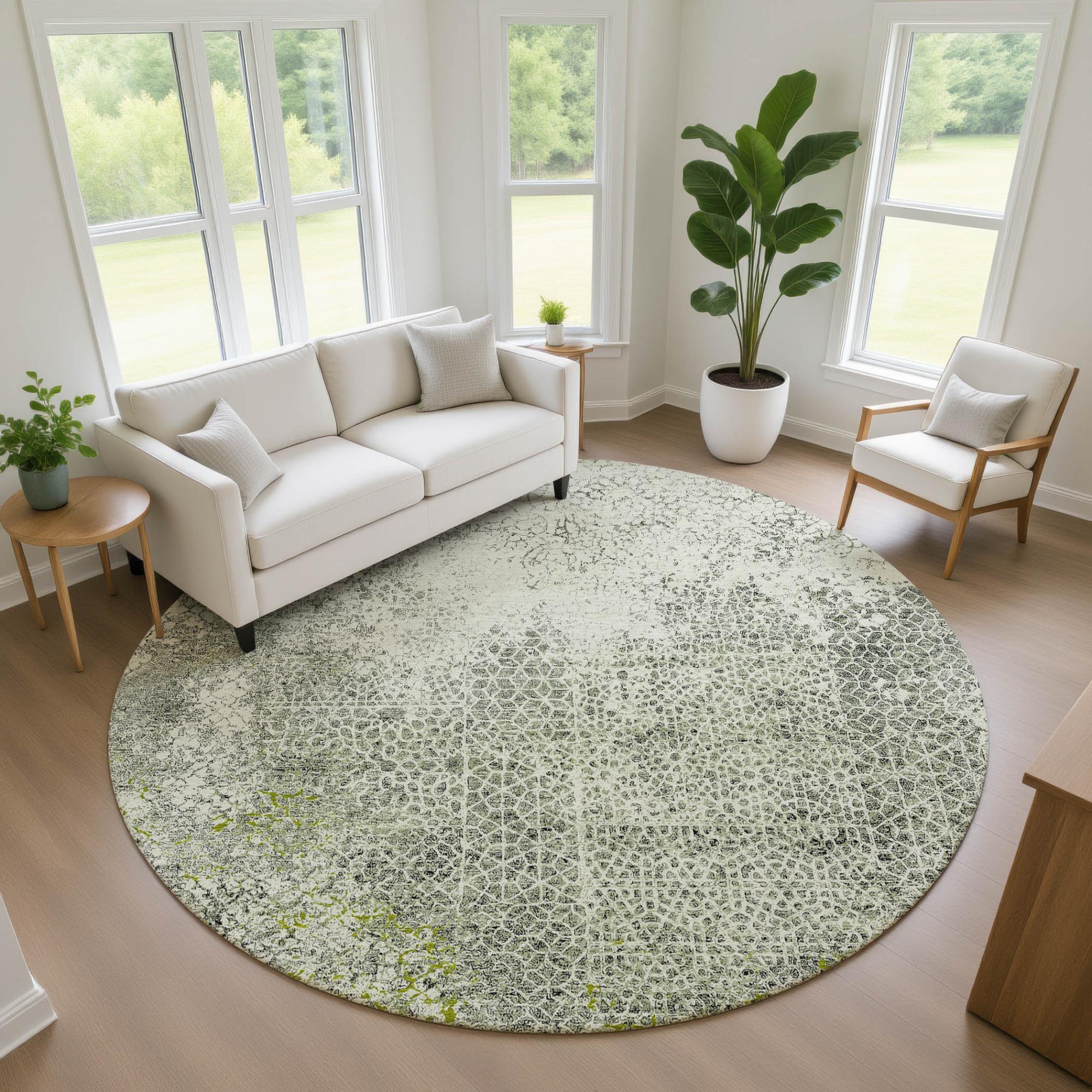 8' Green And Beige Round Abstract Washable Indoor Outdoor Area Rug Homeroots Outdoor