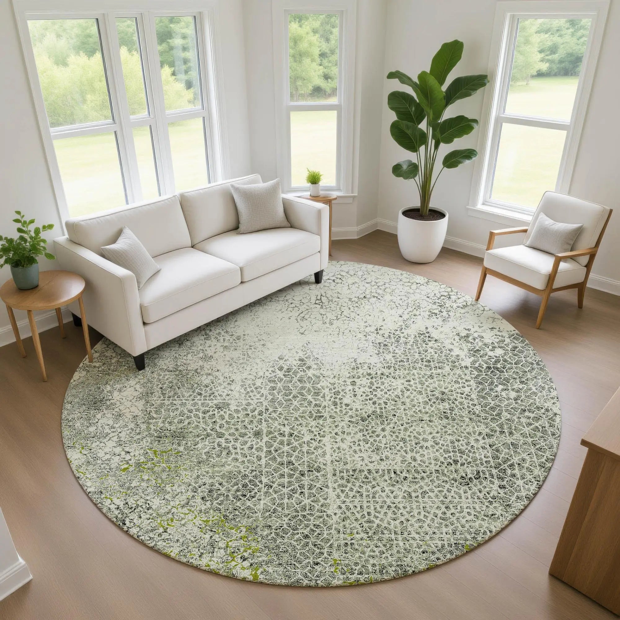 8' Green And Beige Round Abstract Washable Indoor Outdoor Area Rug Homeroots Outdoor