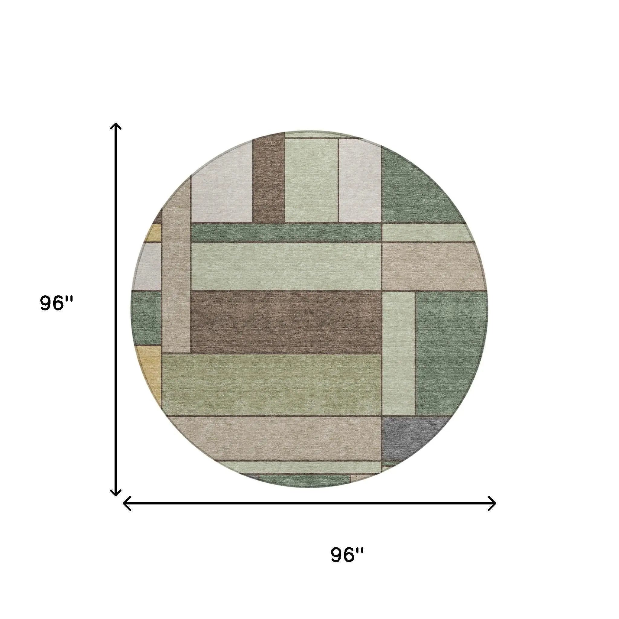 8' Green And Beige Round Geometric Washable Indoor Outdoor Area Rug Homeroots Outdoor