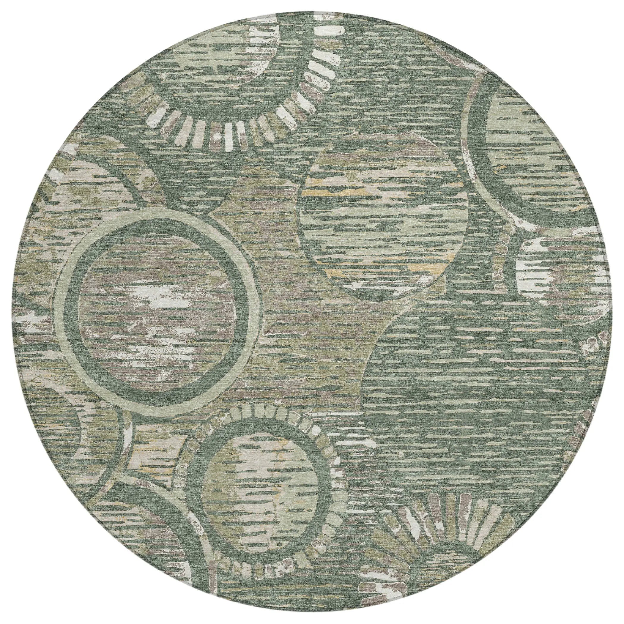 8' Green And Beige Round Geometric Washable Indoor Outdoor Area Rug Homeroots Outdoor