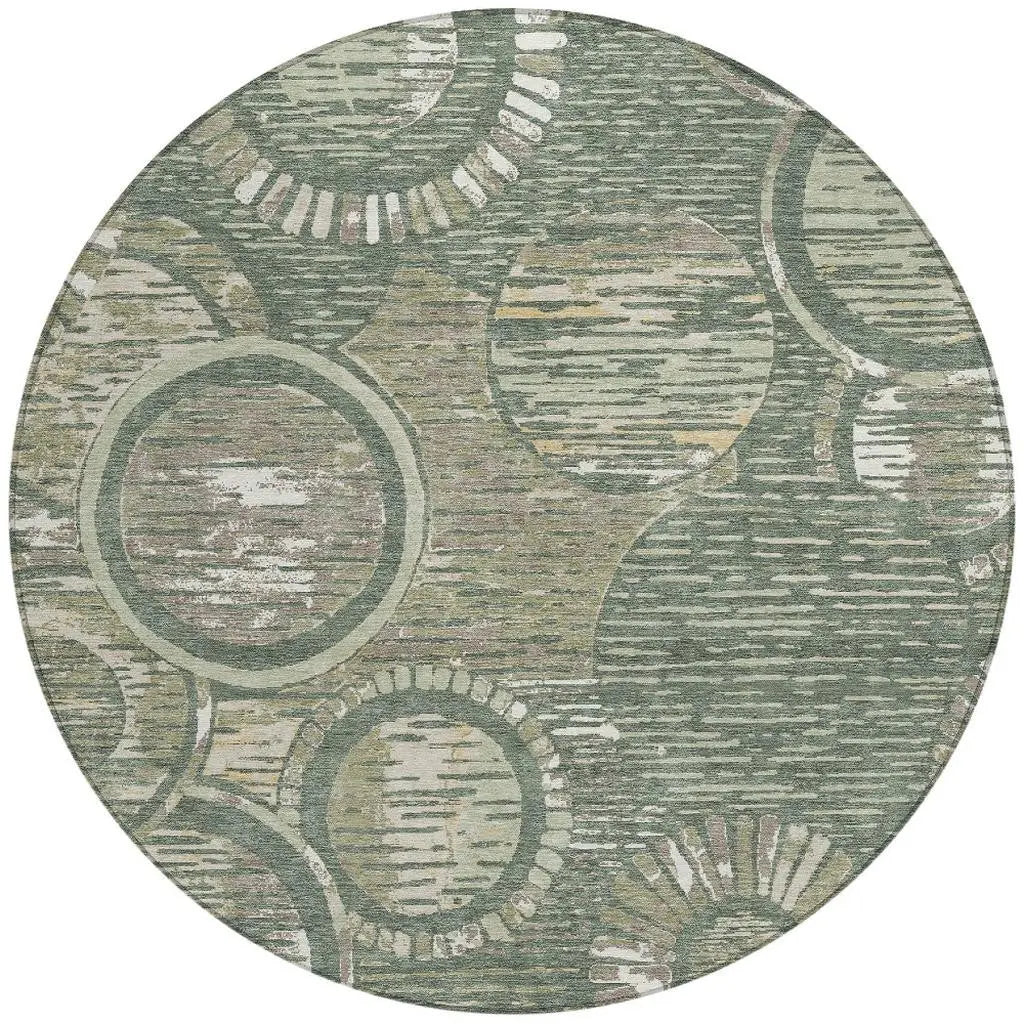 8' Green And Beige Round Geometric Washable Indoor Outdoor Area Rug Homeroots Outdoor