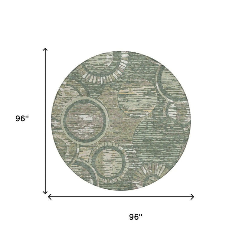 8' Green And Beige Round Geometric Washable Indoor Outdoor Area Rug Homeroots Outdoor