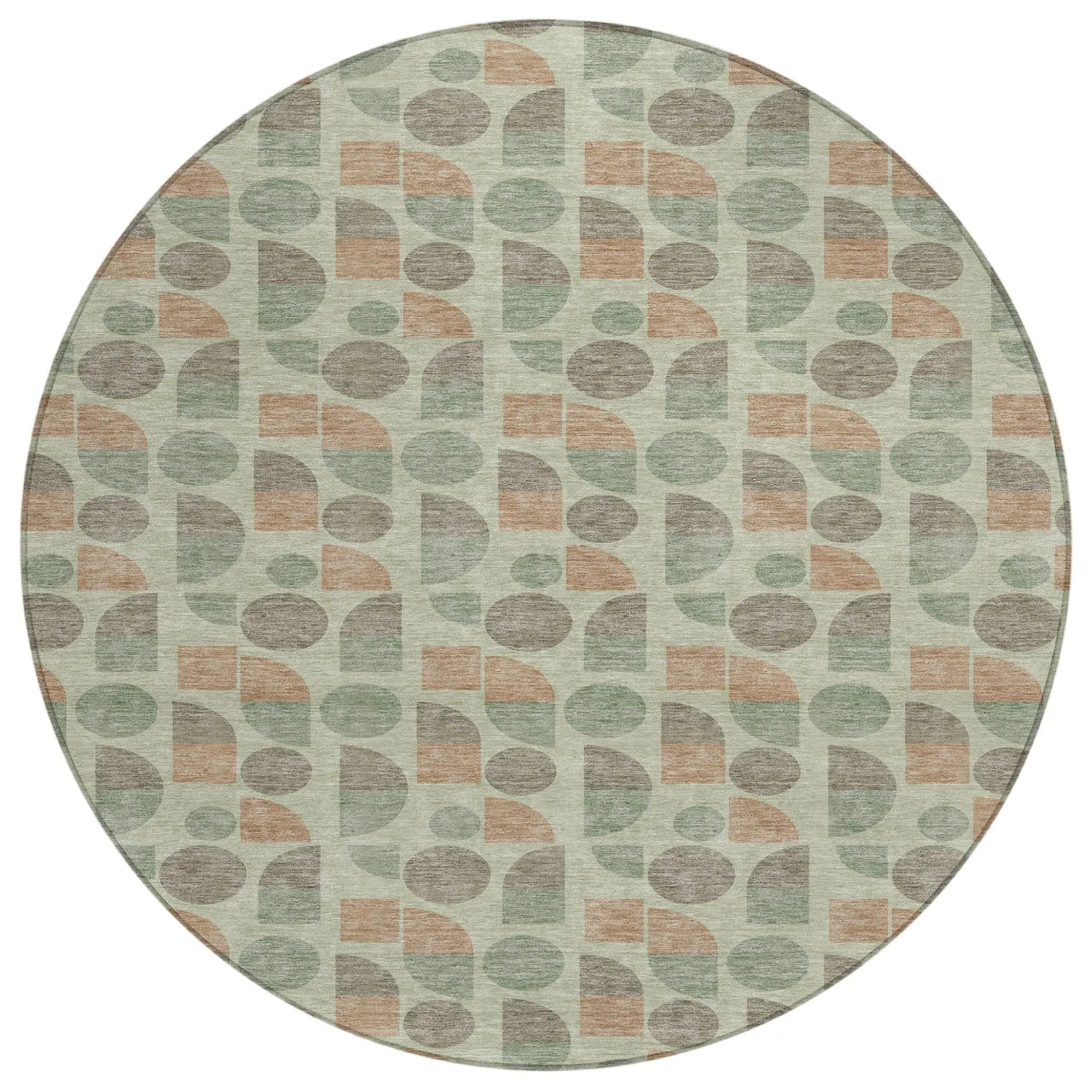 8' Green And Beige Round Geometric Washable Indoor Outdoor Area Rug Homeroots Outdoor