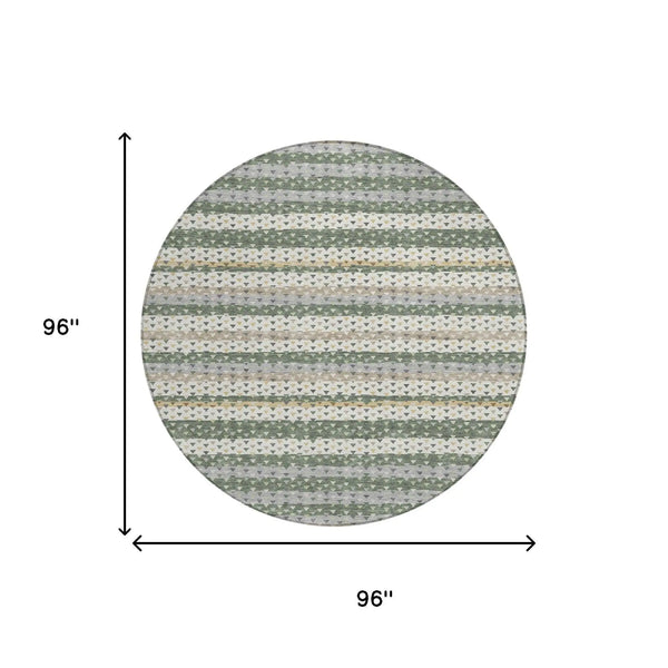 8' Green And Beige Round Striped Washable Indoor Outdoor Area Rug Homeroots Outdoor