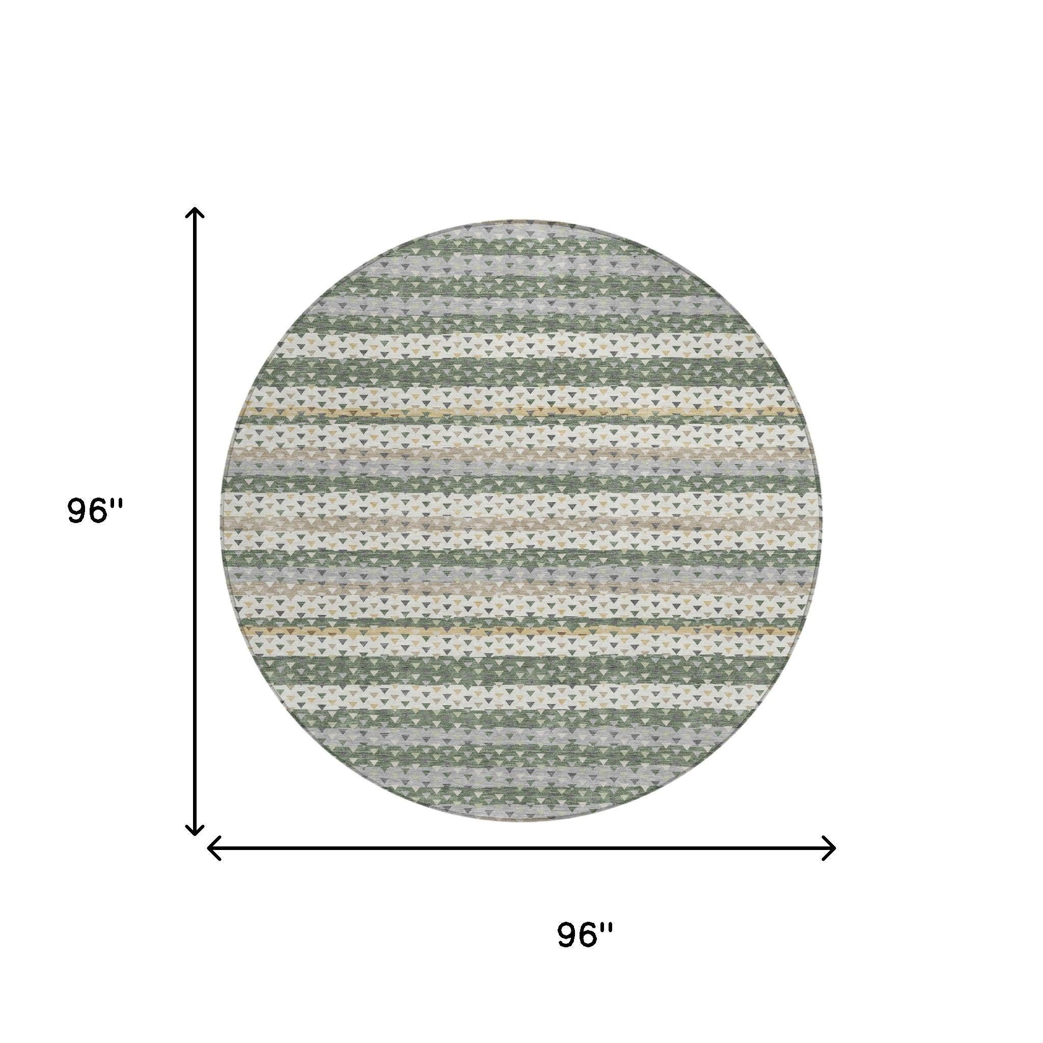 8' Green And Beige Round Striped Washable Indoor Outdoor Area Rug Homeroots Outdoor