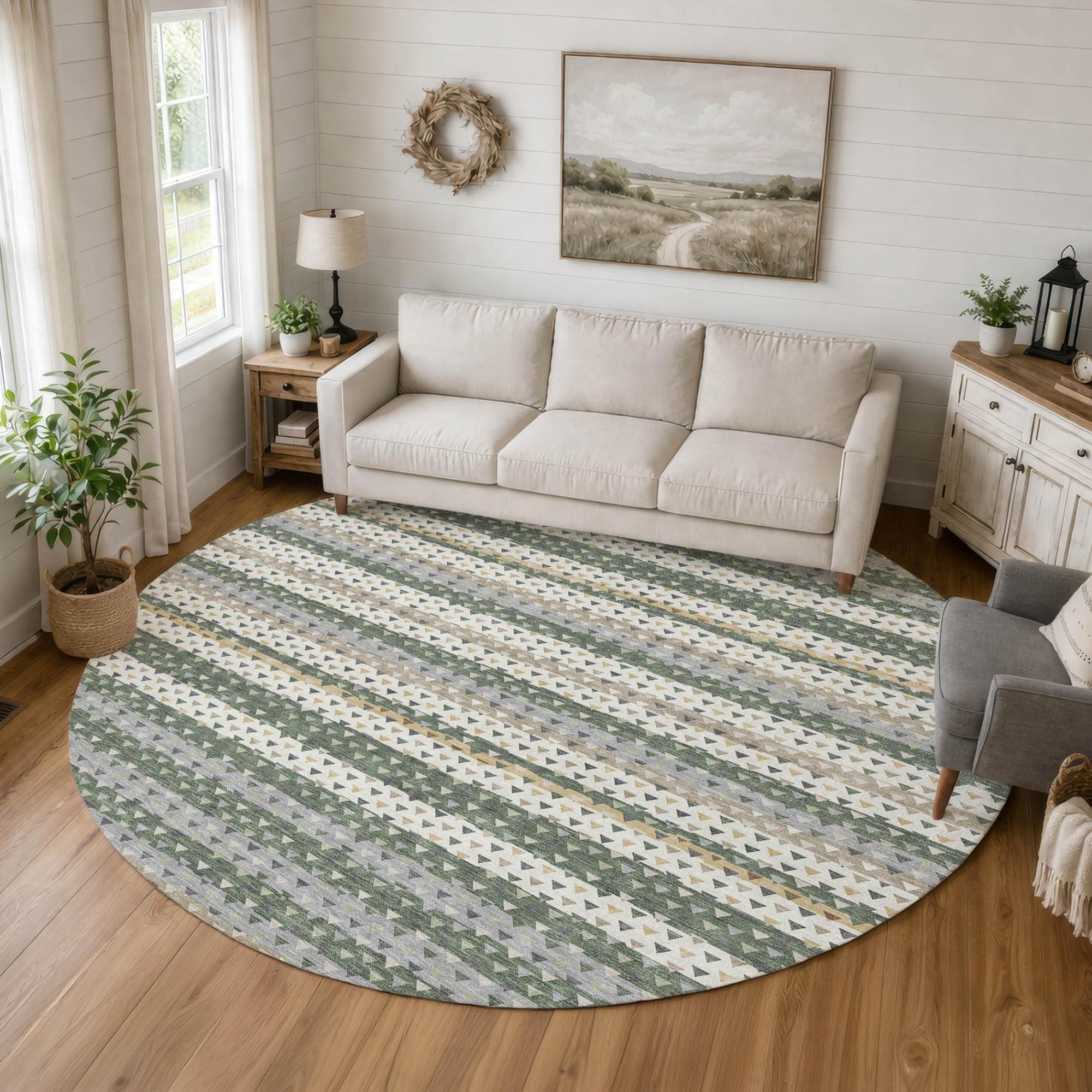 8' Green And Beige Round Striped Washable Indoor Outdoor Area Rug Homeroots Outdoor