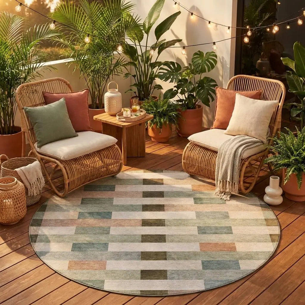 8' Green And Beige Round Striped Washable Indoor Outdoor Area Rug Homeroots Outdoor