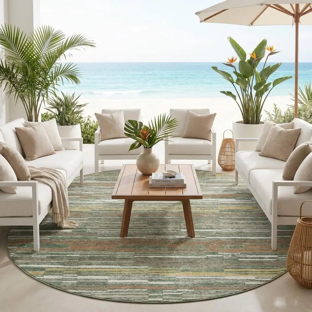 8' Green And Beige Round Striped Washable Indoor Outdoor Area Rug Homeroots Outdoor