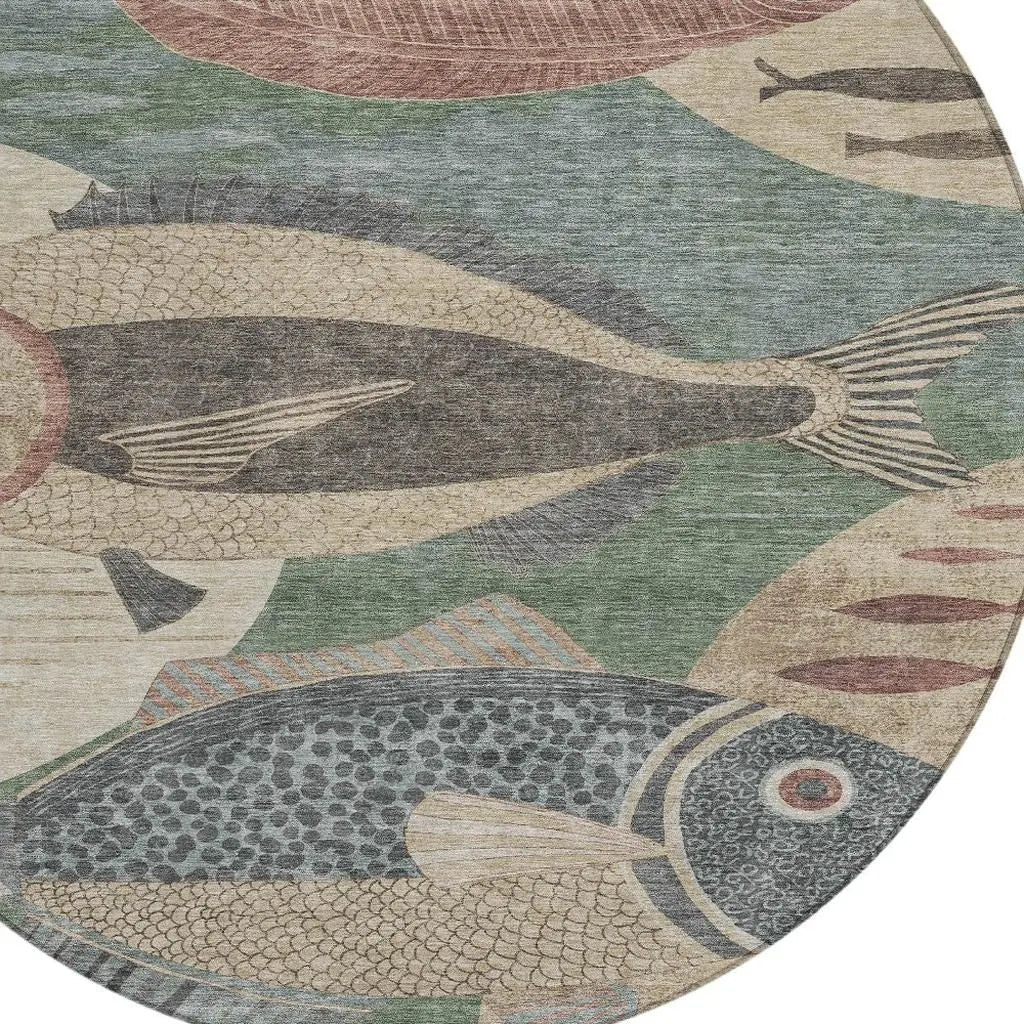 8' Green And Beige Round Tropical Fish Washable Indoor Outdoor Area Rug Homeroots Outdoor