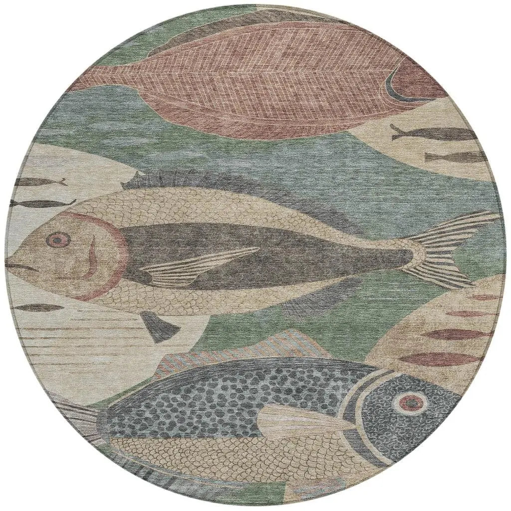 8' Green And Beige Round Tropical Fish Washable Indoor Outdoor Area Rug Homeroots Outdoor