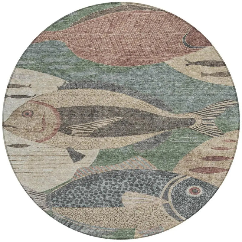 8' Green And Beige Round Tropical Fish Washable Indoor Outdoor Area Rug Homeroots Outdoor