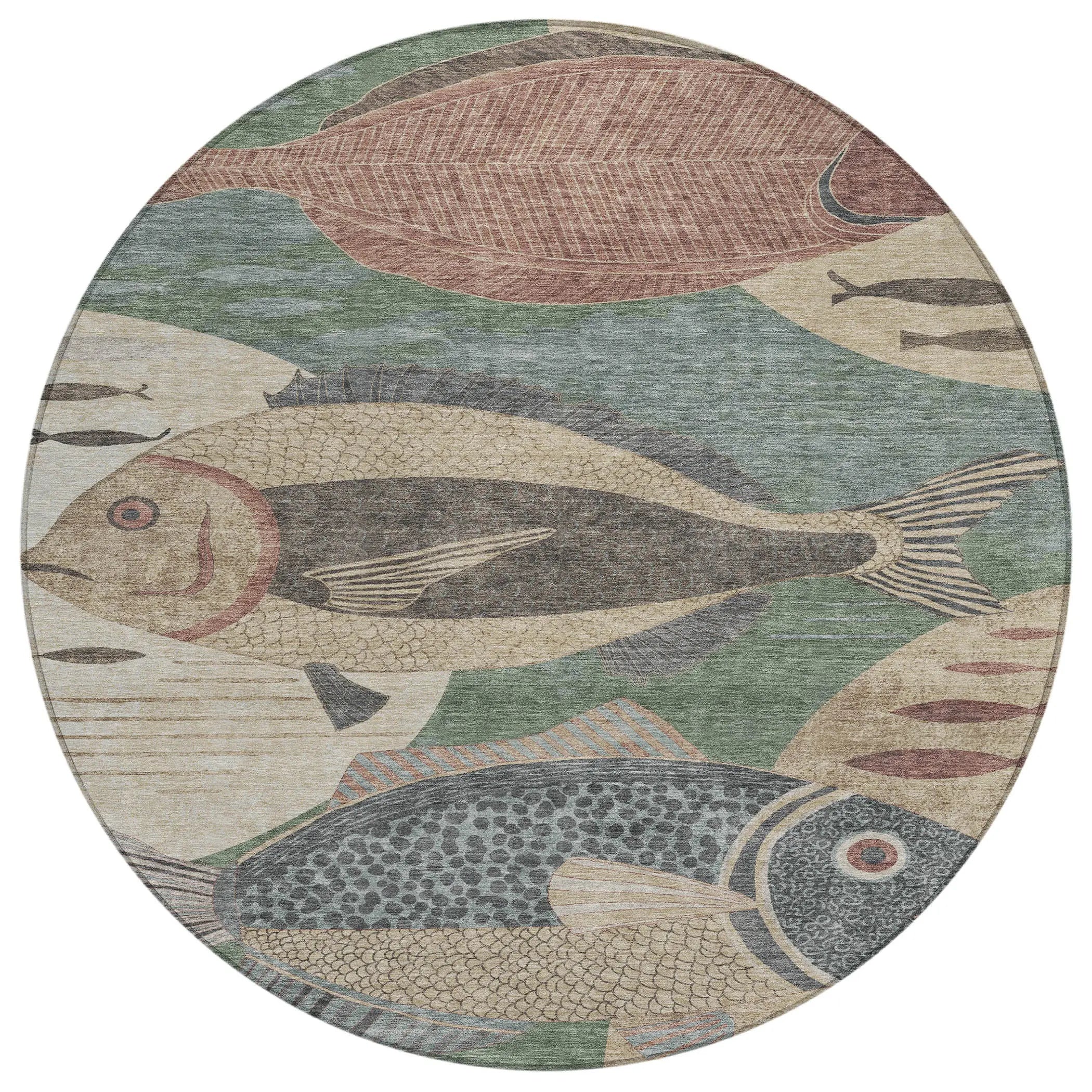 8' Green And Beige Round Tropical Fish Washable Indoor Outdoor Area Rug Homeroots Outdoor