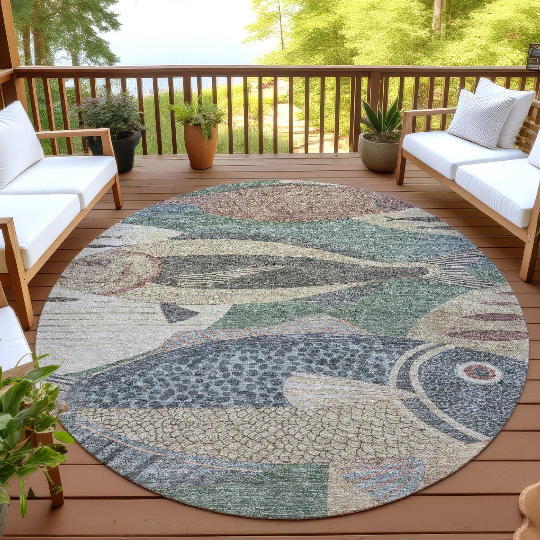 8' Green And Beige Round Tropical Fish Washable Indoor Outdoor Area Rug Homeroots Outdoor