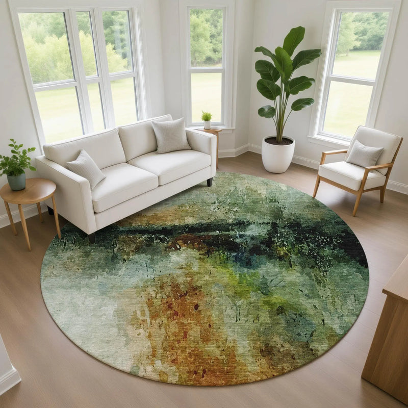 8' Green And Black Round Abstract Washable Indoor Outdoor Area Rug Homeroots Outdoor
