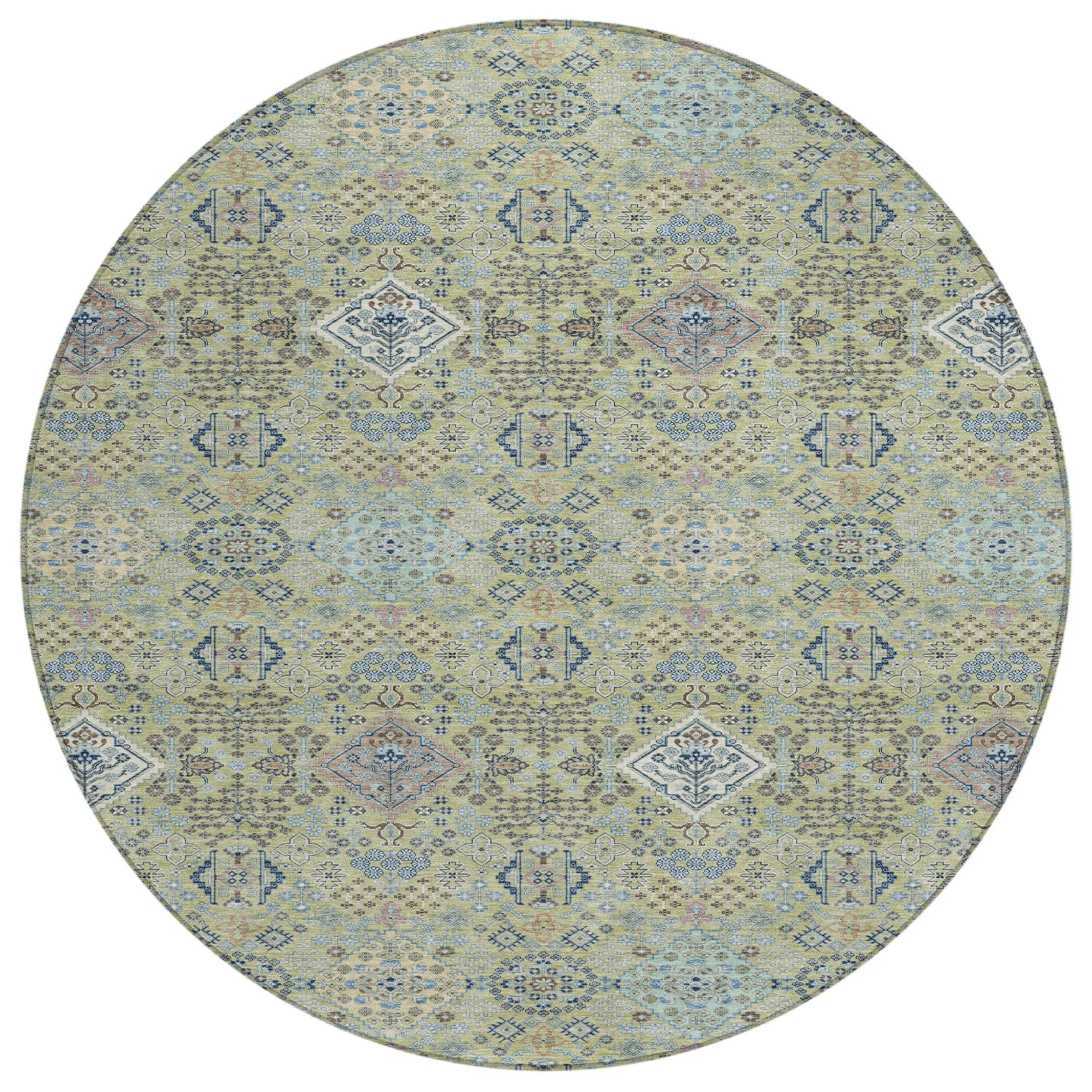 8' Green And Blue Round Oriental Washable Indoor Outdoor Area Rug Homeroots Outdoor