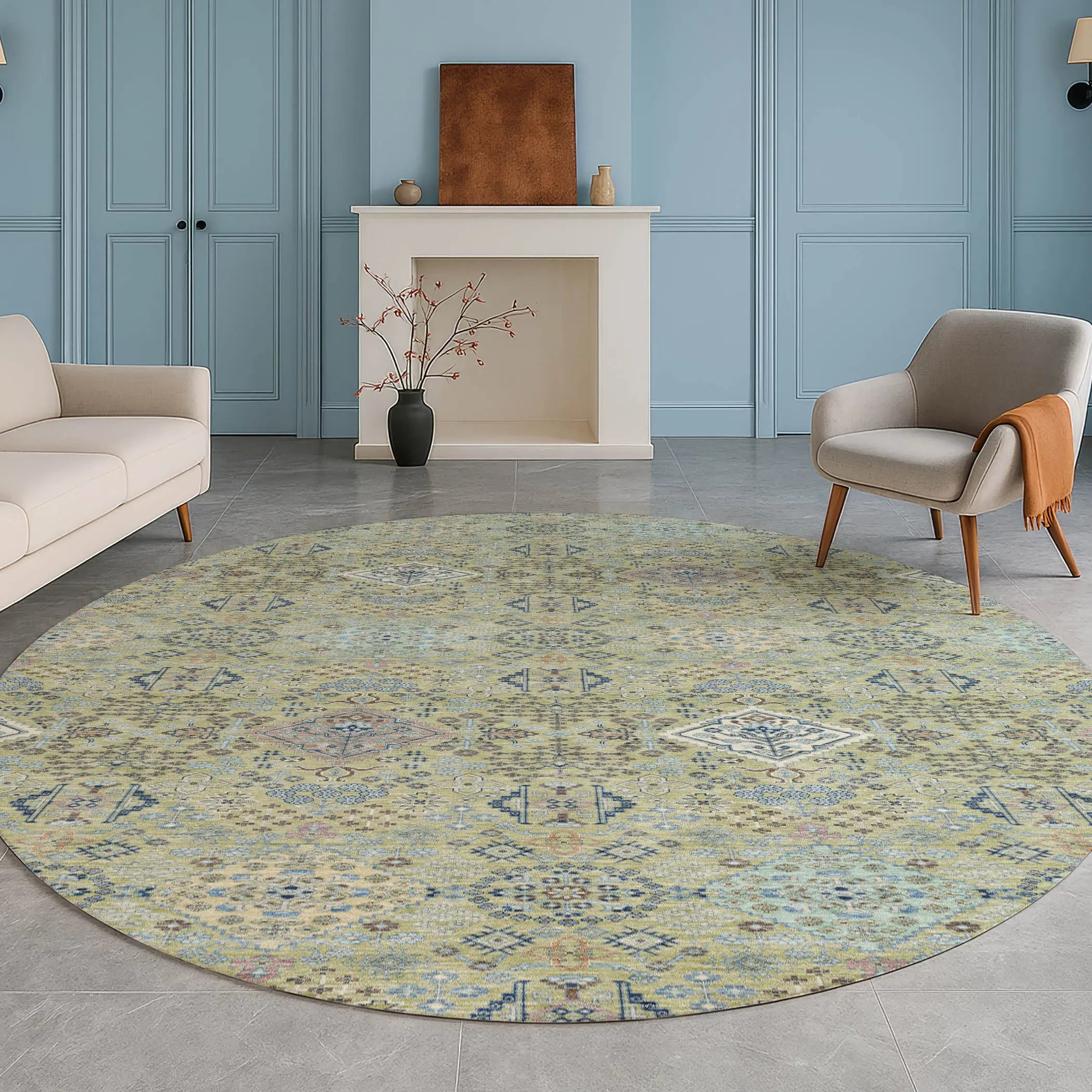 8' Green And Blue Round Oriental Washable Indoor Outdoor Area Rug Homeroots Outdoor