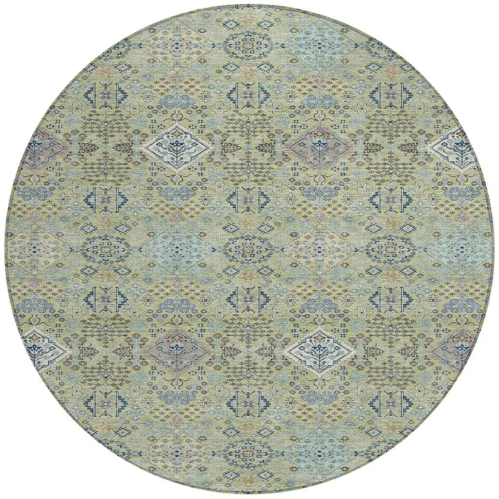 8' Green And Blue Round Oriental Washable Indoor Outdoor Area Rug Homeroots Outdoor