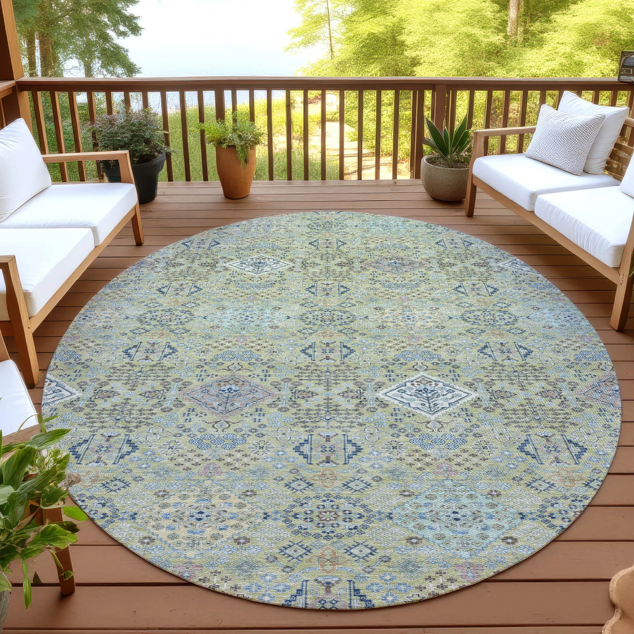 8' Green And Blue Round Oriental Washable Indoor Outdoor Area Rug Homeroots Outdoor