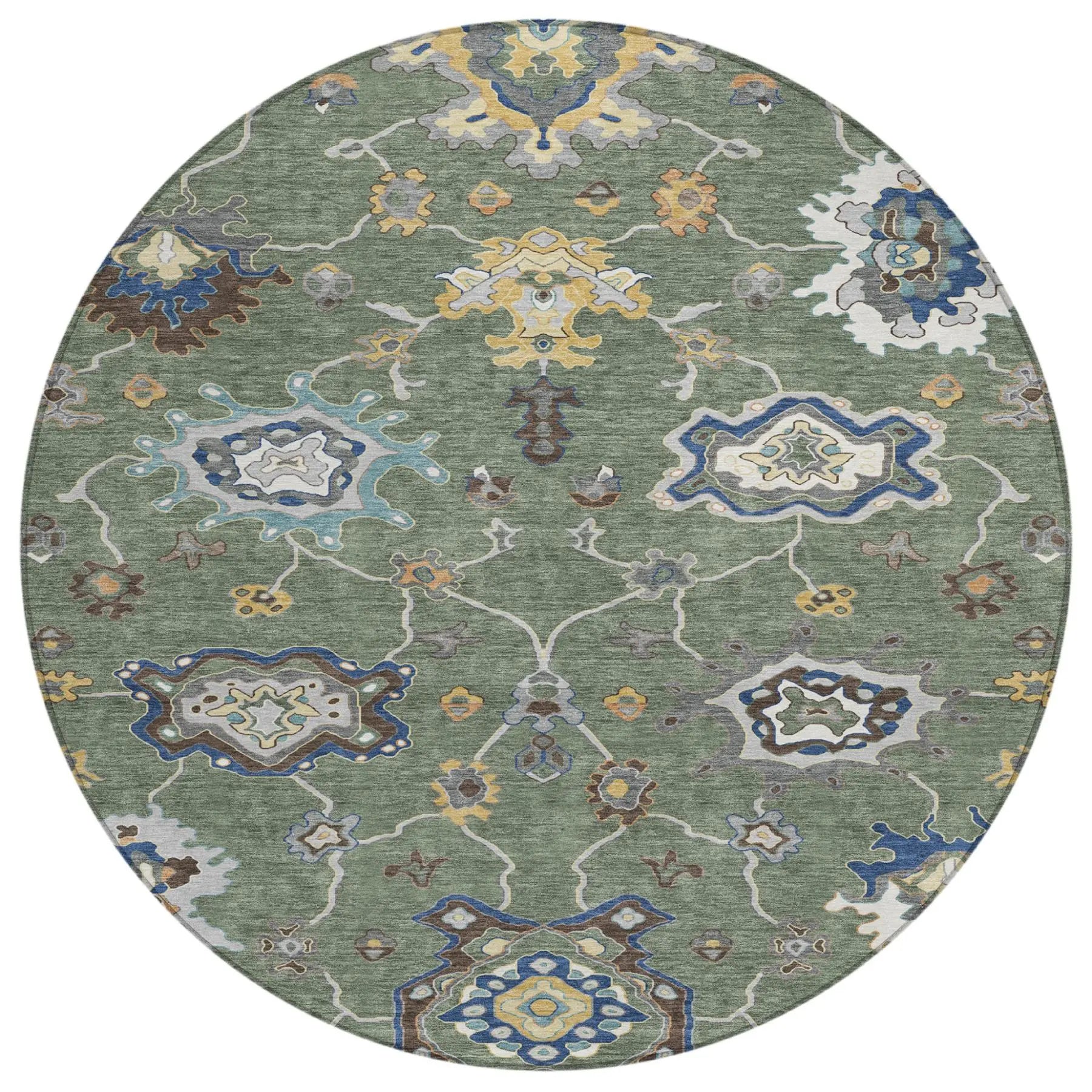 8' Green And Blue Round Oriental Washable Indoor Outdoor Area Rug Homeroots Outdoor