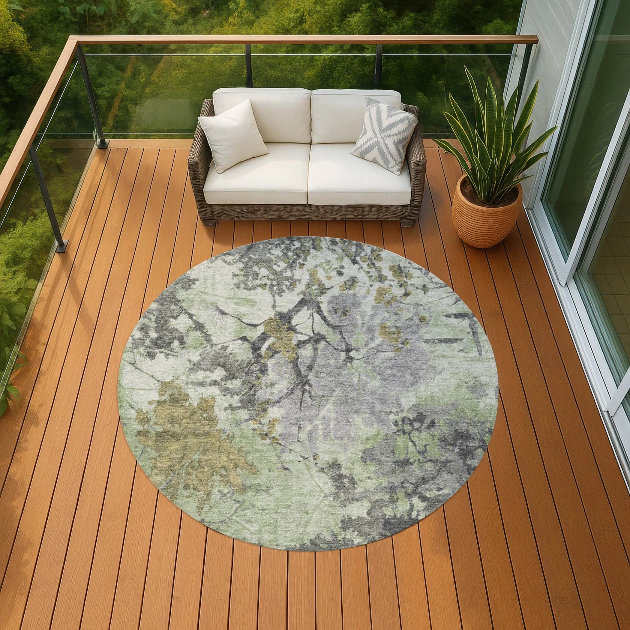 8' Green And Brown Round Abstract Washable Indoor Outdoor Area Rug Homeroots Outdoor