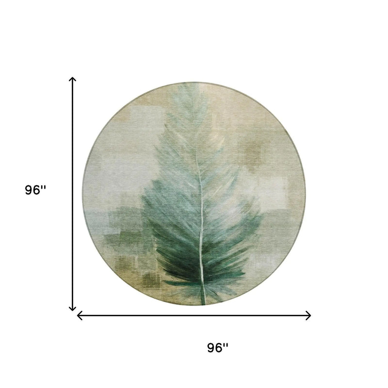 8' Green And Brown Round Botanical Leaves Washable Indoor Outdoor Area Rug Homeroots Outdoor