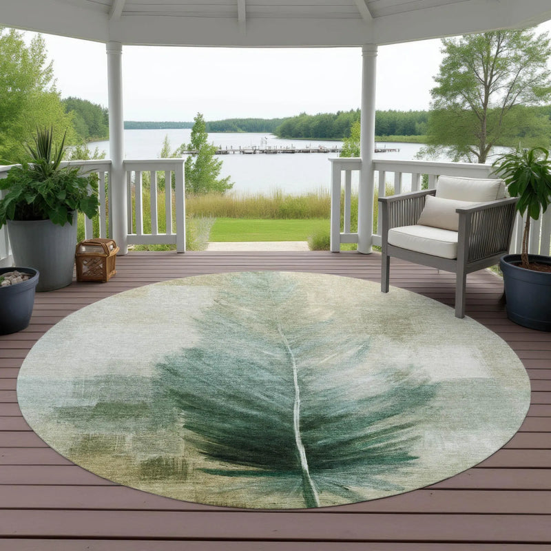 8' Green And Brown Round Botanical Leaves Washable Indoor Outdoor Area Rug Homeroots Outdoor