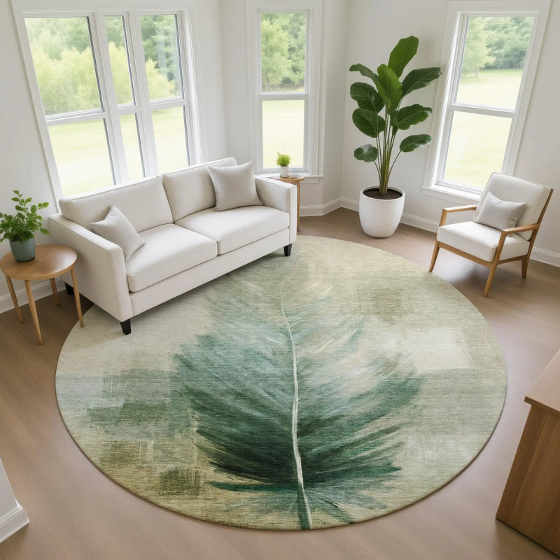 8' Green And Brown Round Botanical Leaves Washable Indoor Outdoor Area Rug Homeroots Outdoor