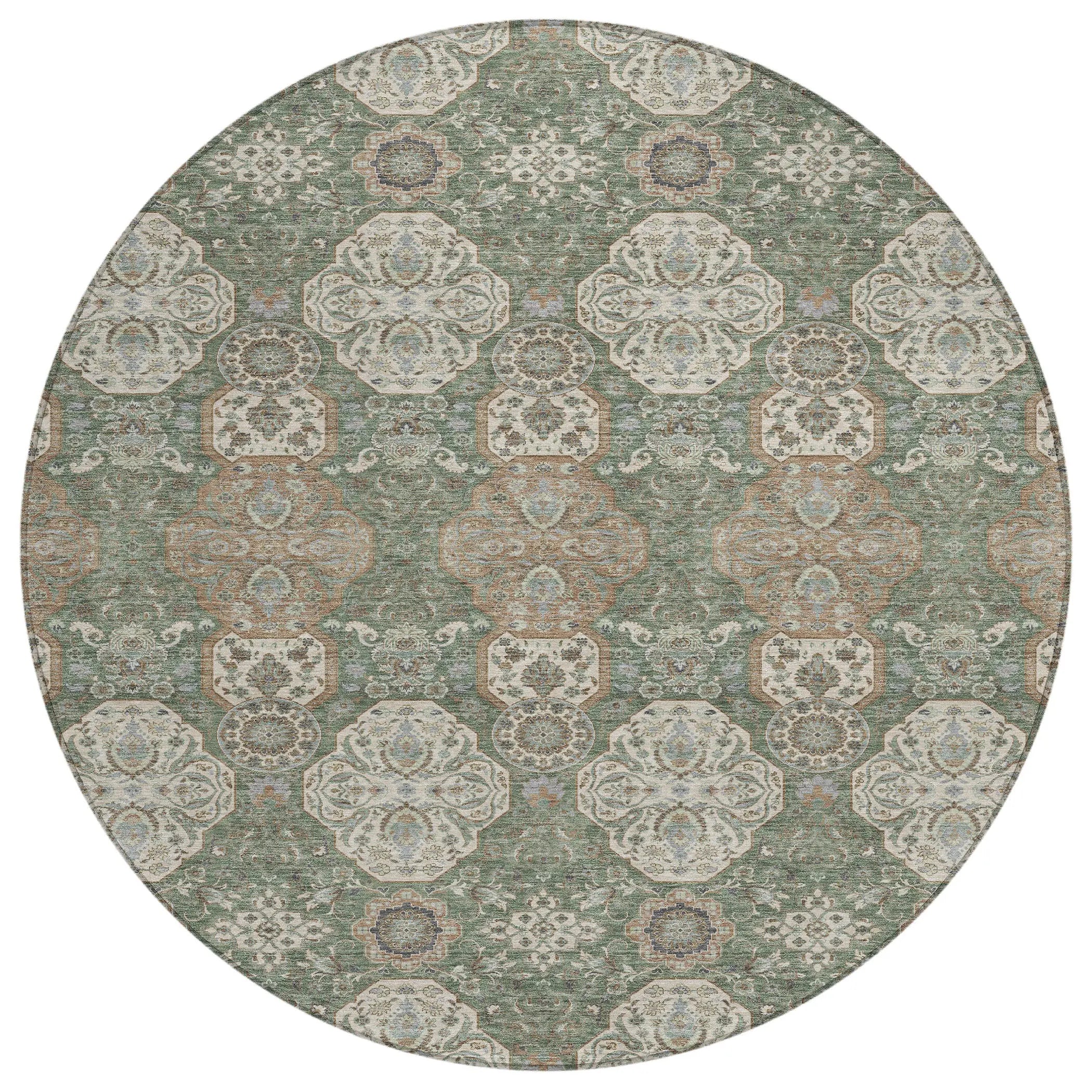 8' Green And Brown Round Floral Washable Indoor Outdoor Area Rug Homeroots Outdoor