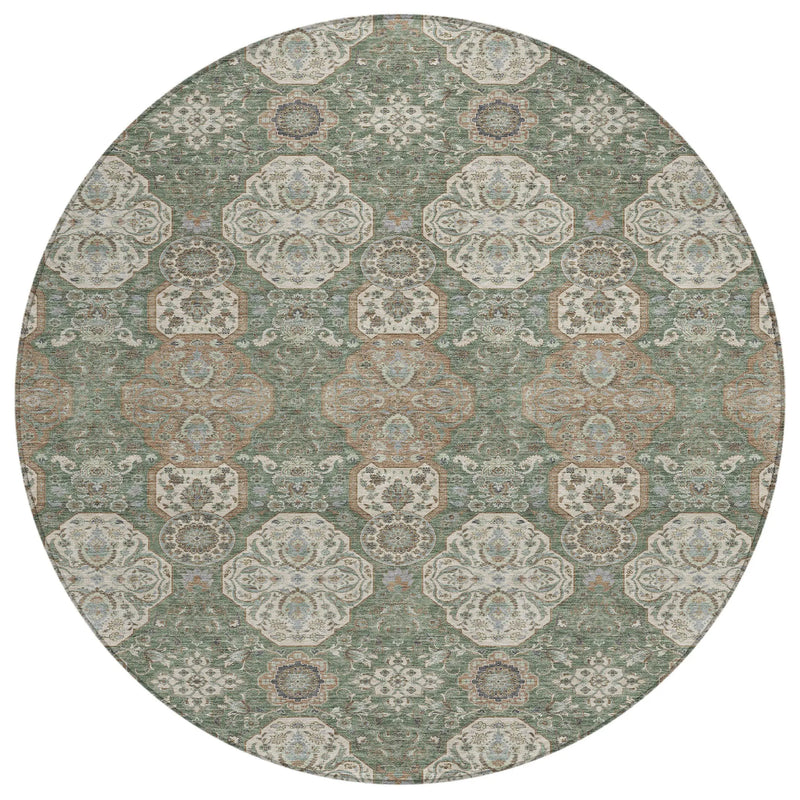 8' Green And Brown Round Floral Washable Indoor Outdoor Area Rug Homeroots Outdoor