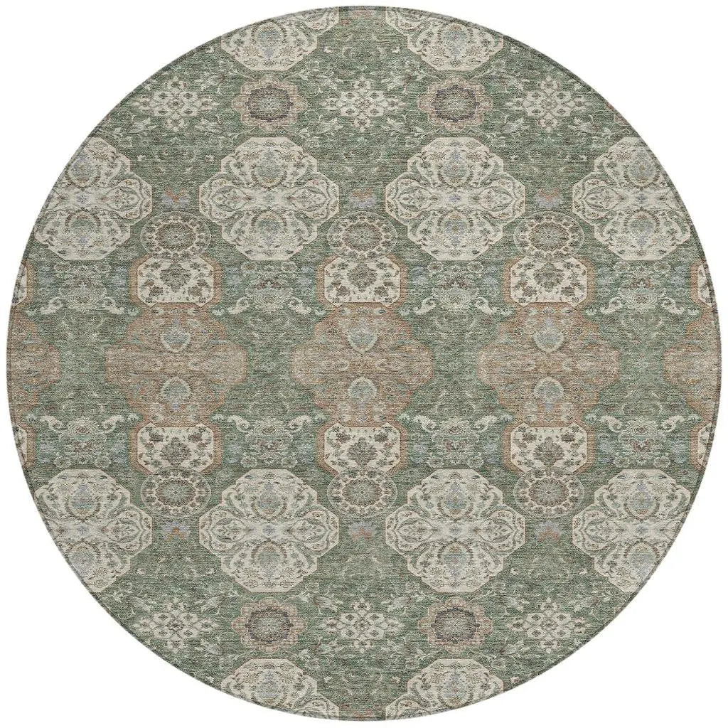 8' Green And Brown Round Floral Washable Indoor Outdoor Area Rug Homeroots Outdoor
