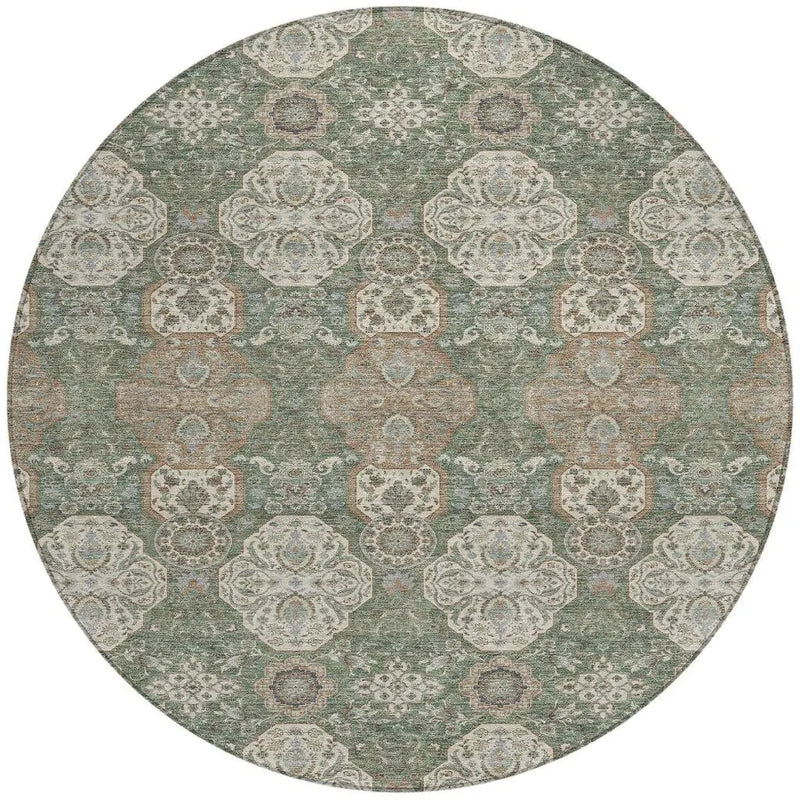 8' Green And Brown Round Floral Washable Indoor Outdoor Area Rug Homeroots Outdoor