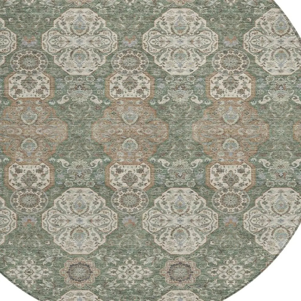 8' Green And Brown Round Floral Washable Indoor Outdoor Area Rug Homeroots Outdoor