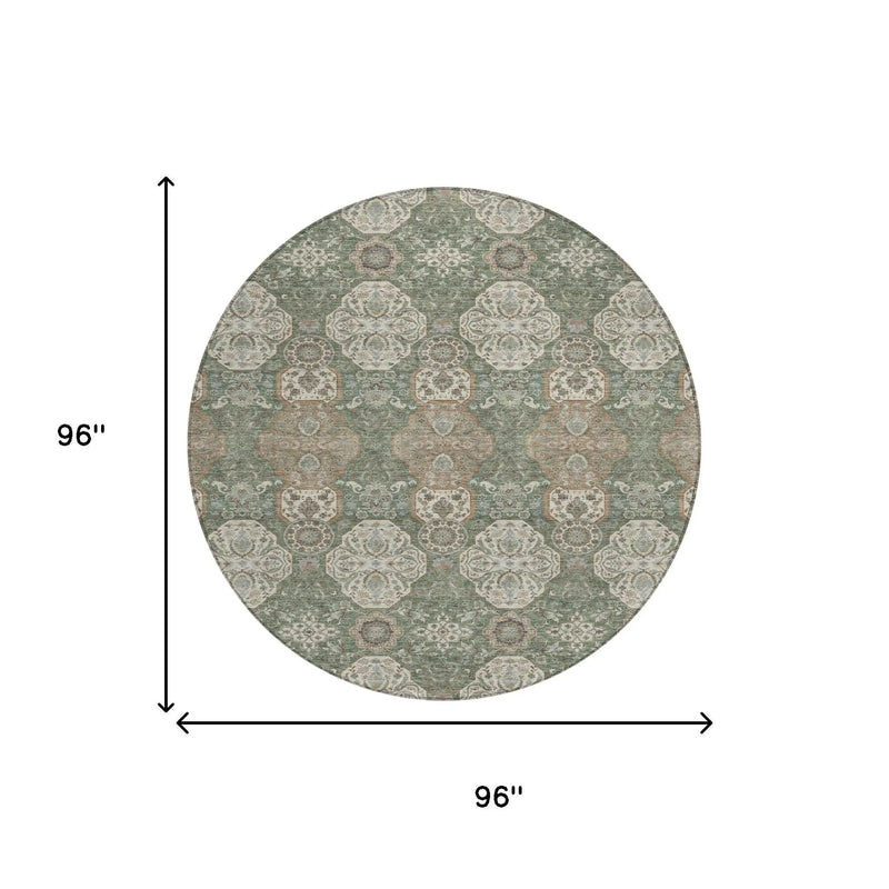8' Green And Brown Round Floral Washable Indoor Outdoor Area Rug Homeroots Outdoor
