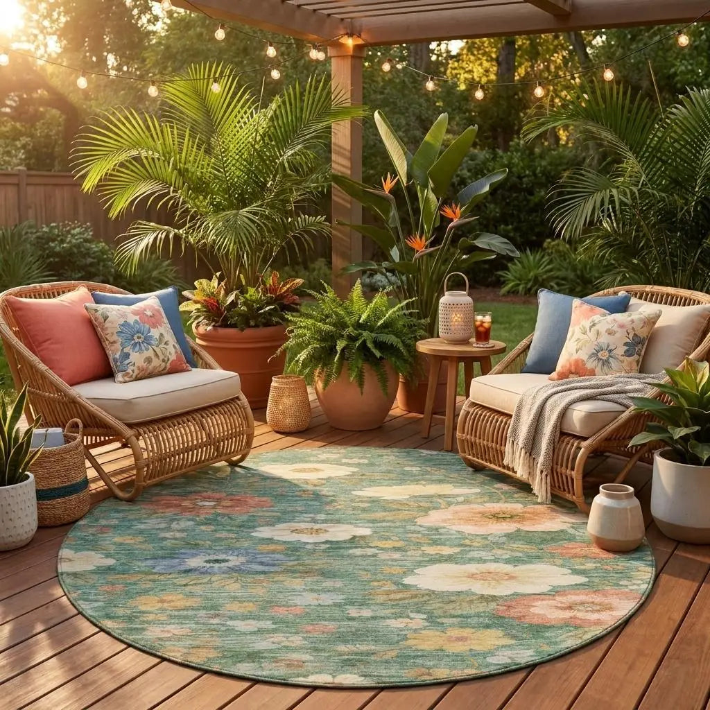 8' Green And Brown Round Floral Washable Indoor Outdoor Area Rug Homeroots Outdoor
