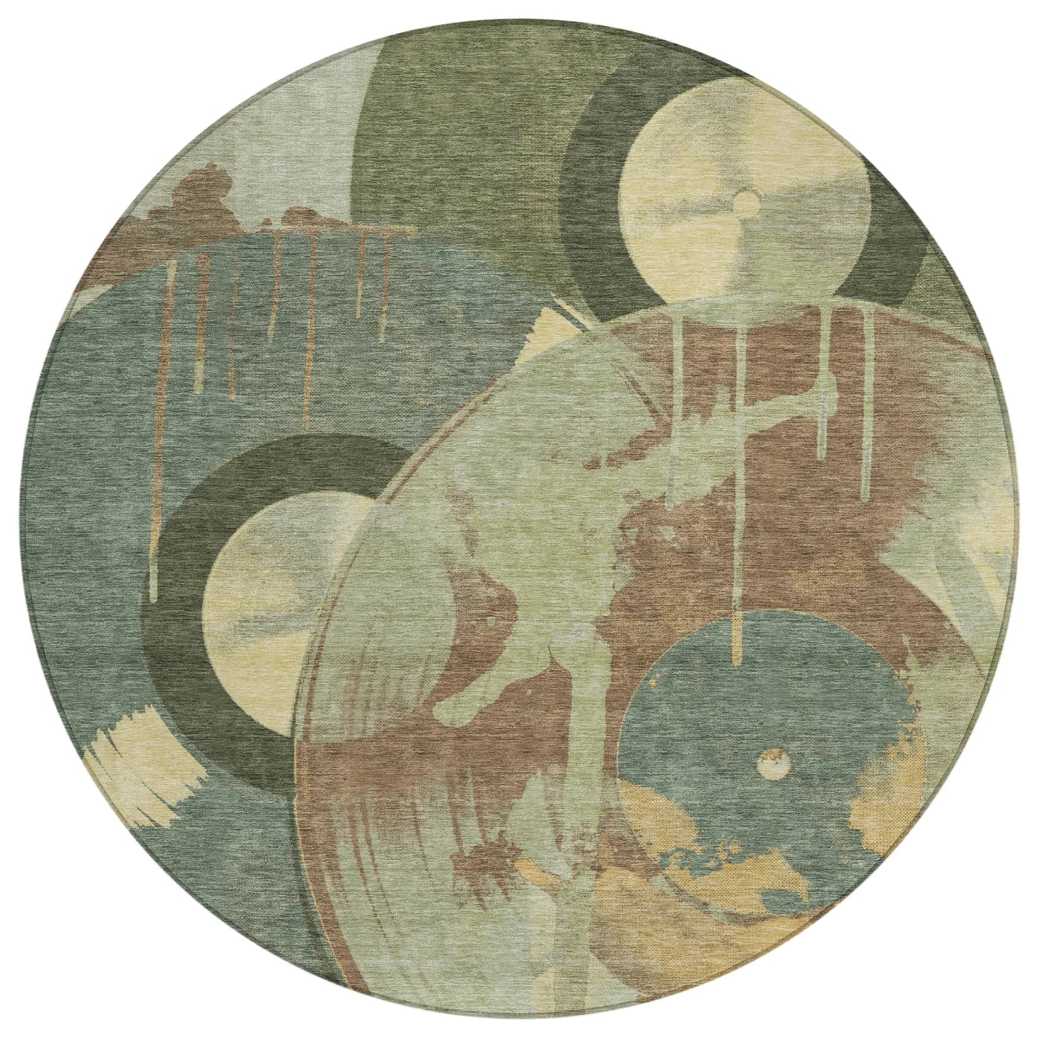 8' Green And Brown Round Geometric Washable Indoor Outdoor Area Rug Homeroots Outdoor